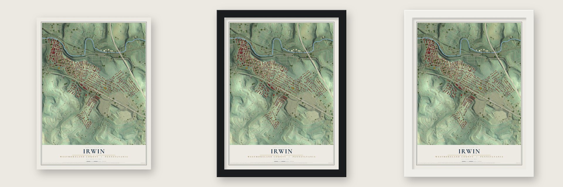 Irwin, Westmoreland County, Pennsylvania map unframed, in a black wood frame and in a white wood frame