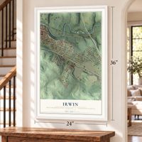 Irwin, Westmoreland County, Pennsylvania map, 24 x 36 inch print in a white frame by a staircase