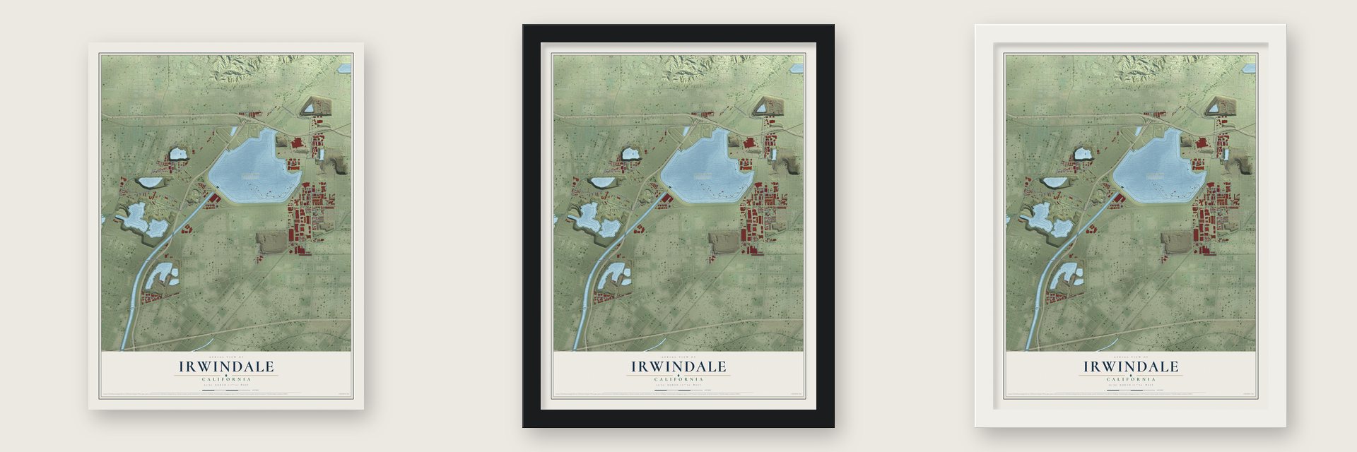 Irwindale, California map unframed, in a black wood frame and in a white wood frame