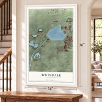 Irwindale, California map, 24 x 36 inch print in a white frame by a staircase