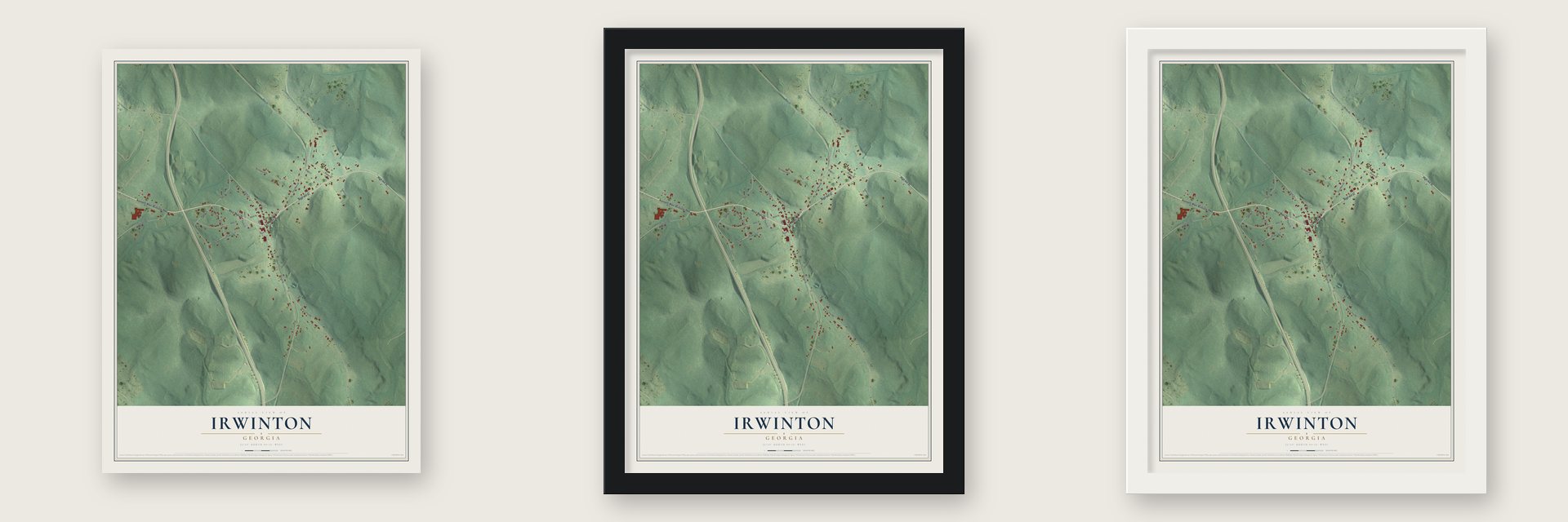 Irwinton, Georgia map unframed, in a black wood frame and in a white wood frame
