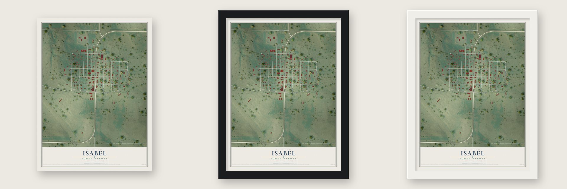 Isabel, South Dakota map unframed, in a black wood frame and in a white wood frame
