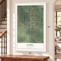 Isabel, South Dakota map, 24 x 36 inch print in a white frame by a staircase