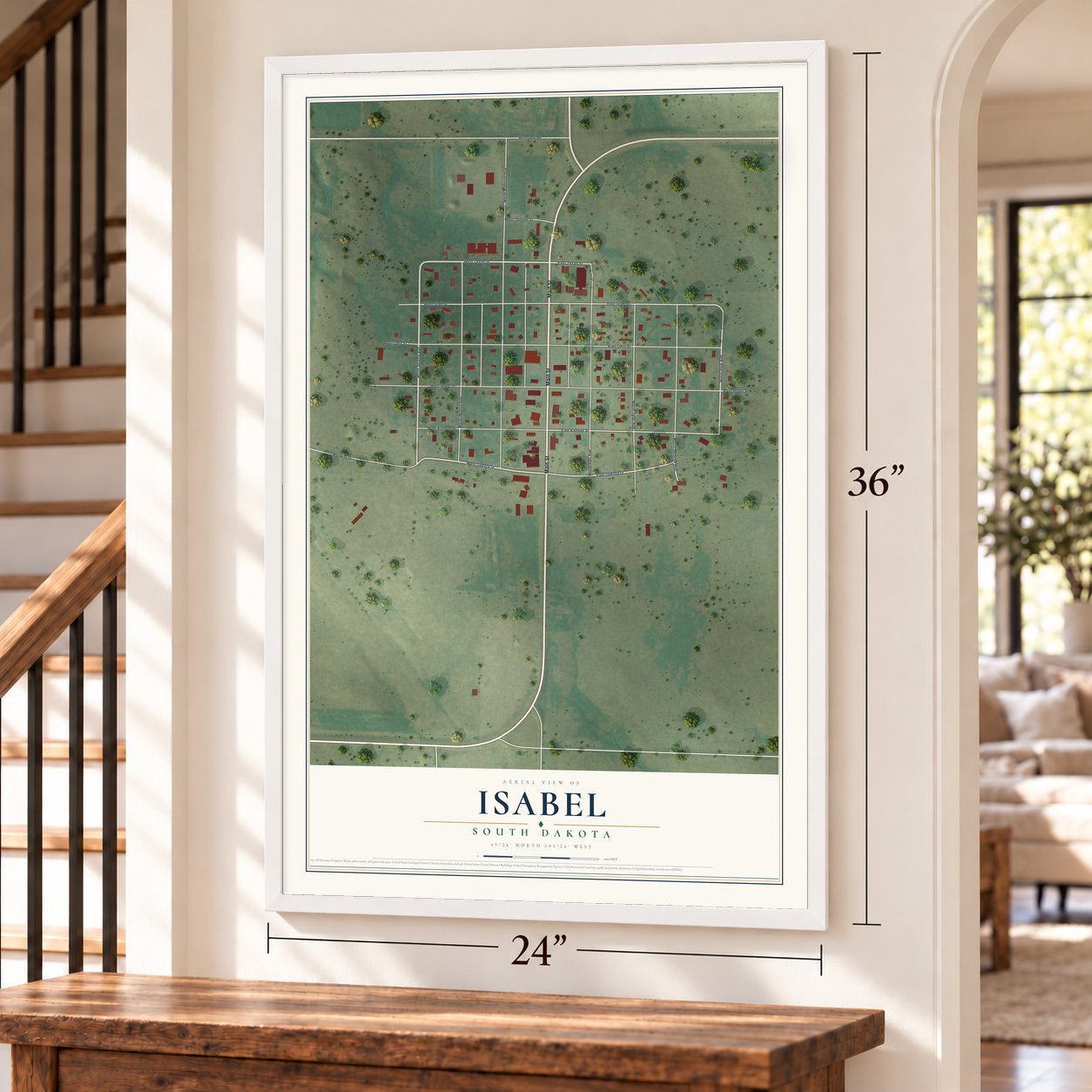 Isabel, South Dakota map, 24 x 36 inch print in a white frame by a staircase