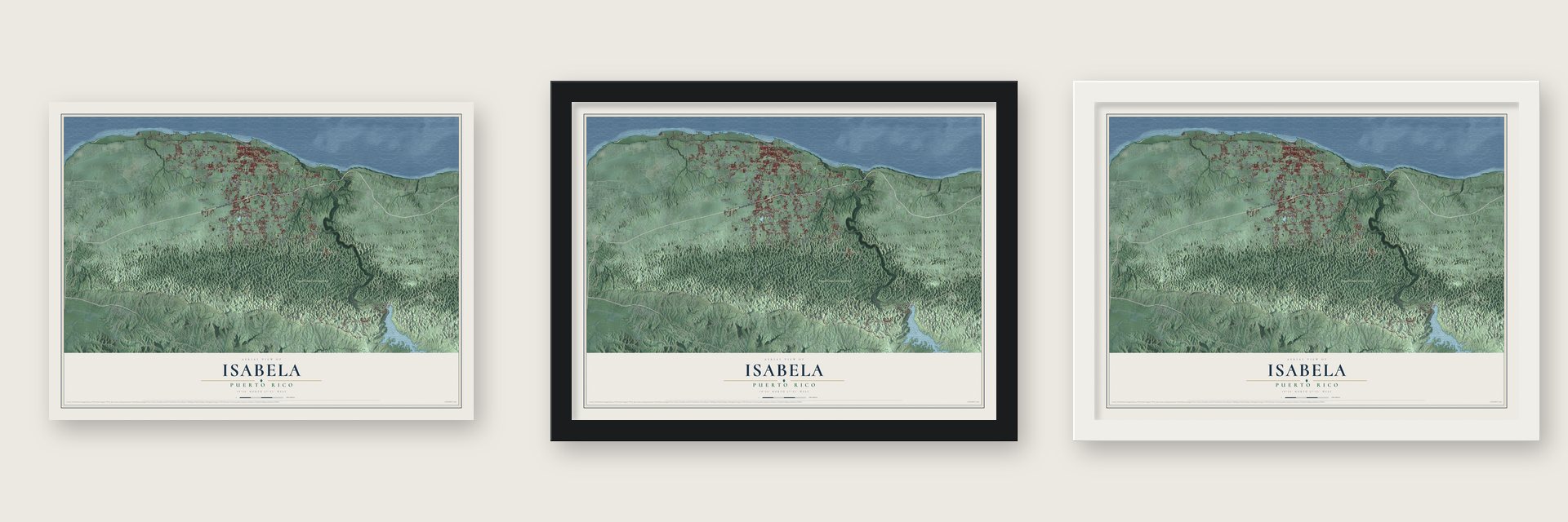 Isabela, Puerto Rico map unframed, in a black wood frame and in a white wood frame