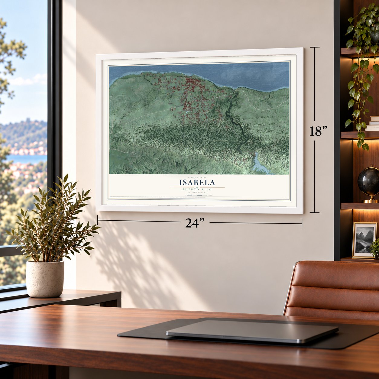Isabela, Puerto Rico map, 18 x 24 inch print in a white frame in a home office