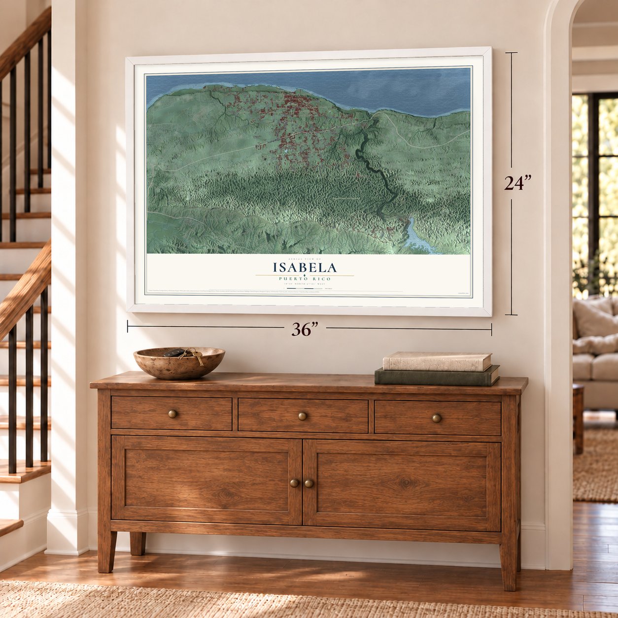 Isabela, Puerto Rico map, 24 x 36 inch print in a white frame above a dresser by a staircase