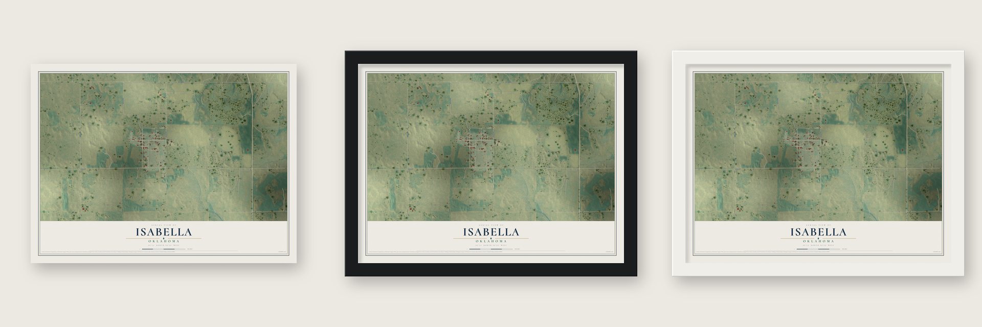 Isabella, Oklahoma map unframed, in a black wood frame and in a white wood frame