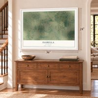 Isabella, Oklahoma map, 24 x 36 inch print in a white frame above a dresser by a staircase