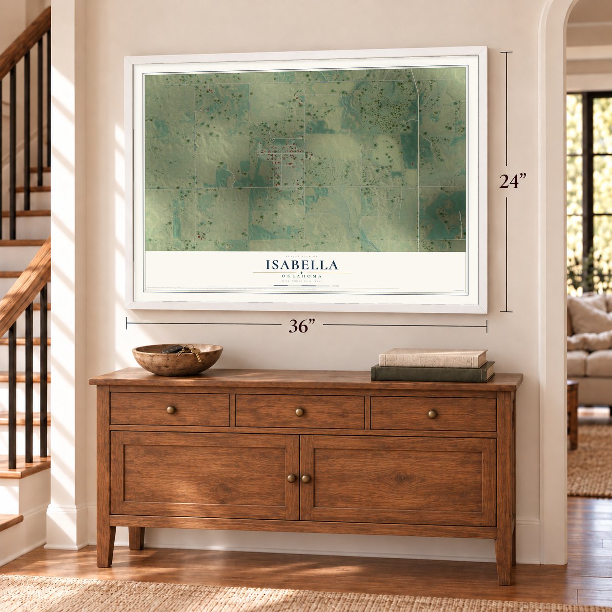 Isabella, Oklahoma map, 24 x 36 inch print in a white frame above a dresser by a staircase