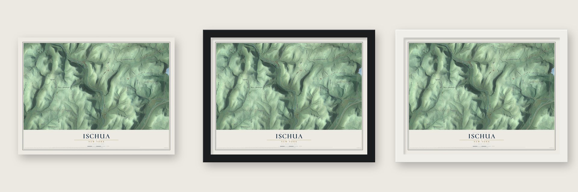 Ischua, New York map unframed, in a black wood frame and in a white wood frame
