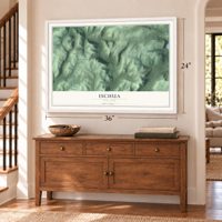 Ischua, New York map, 24 x 36 inch print in a white frame above a dresser by a staircase