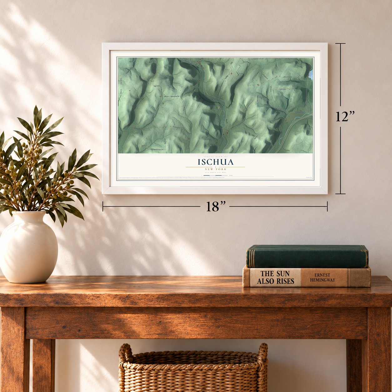 Ischua, New York map, 12 x 18 inch print in a white frame in an entryway