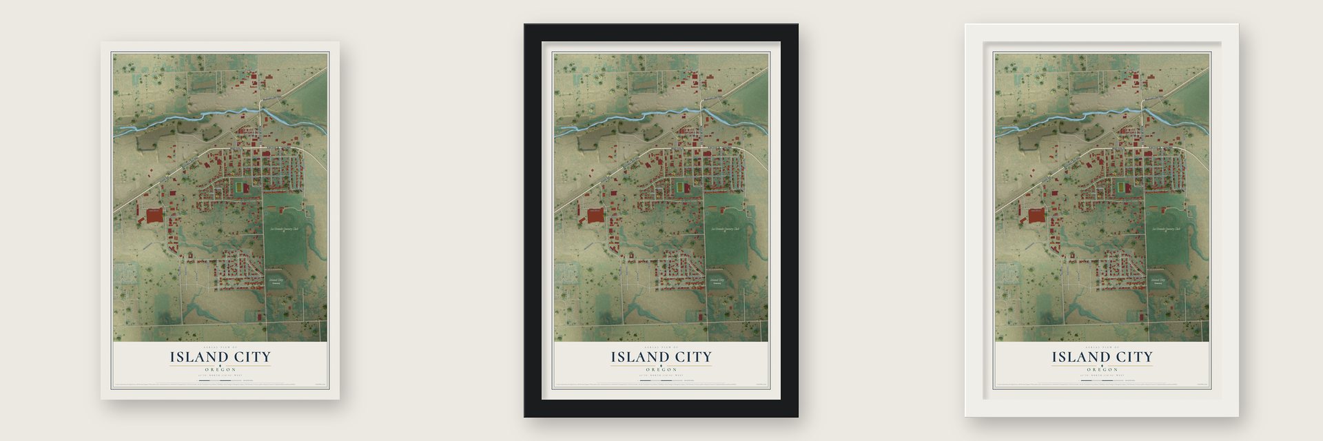 Island City, Oregon map unframed, in a black wood frame and in a white wood frame
