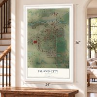 Island City, Oregon map, 24 x 36 inch print in a white frame by a staircase