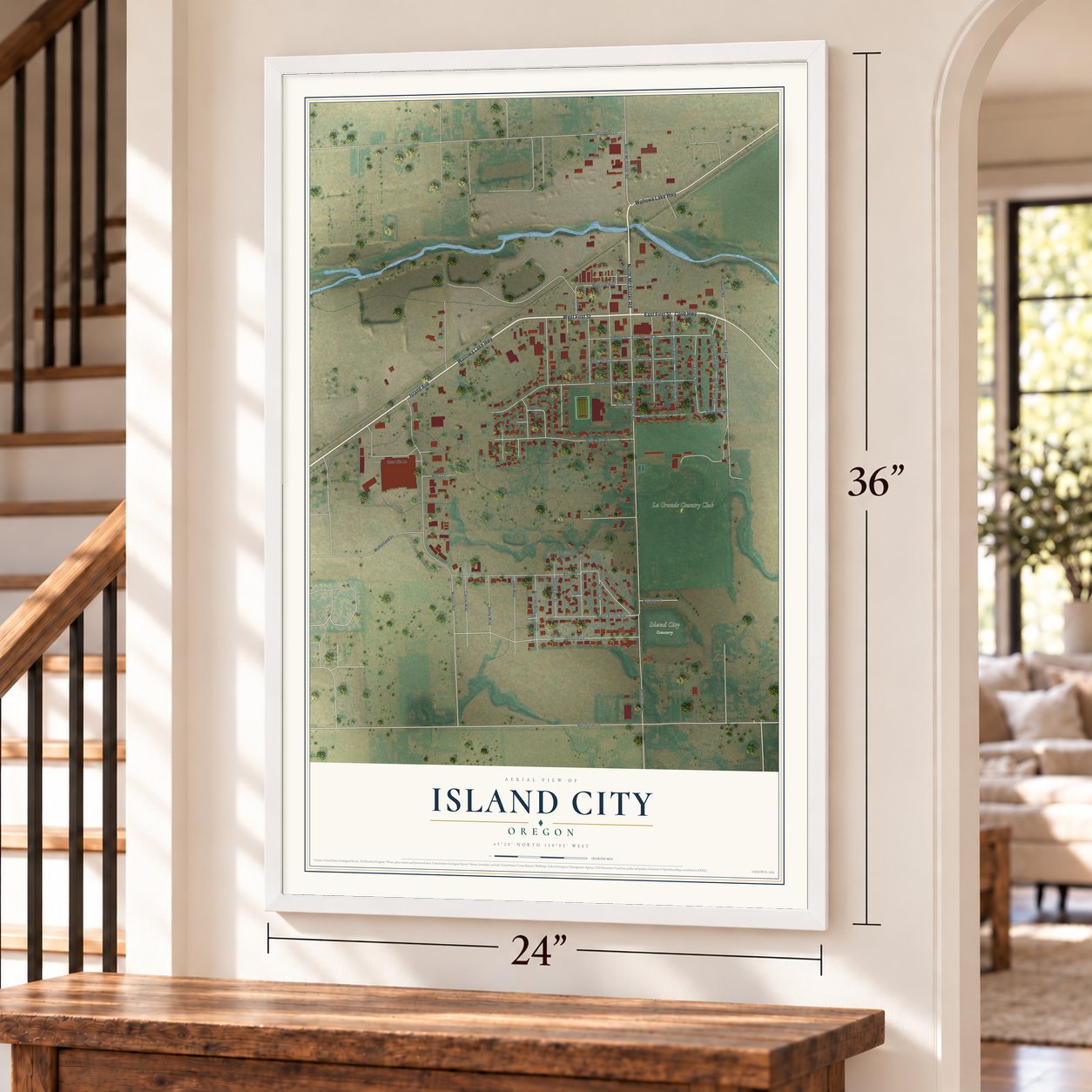 Island City, Oregon map, 24 x 36 inch print in a white frame by a staircase