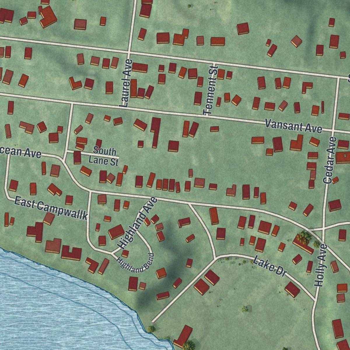 Second close-up of the map of Island Heights, New Jersey print showing more streets and buildings