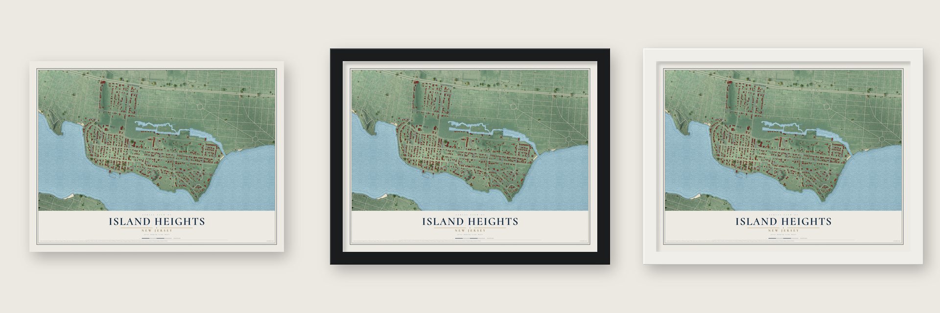 Island Heights, New Jersey map unframed, in a black wood frame and in a white wood frame