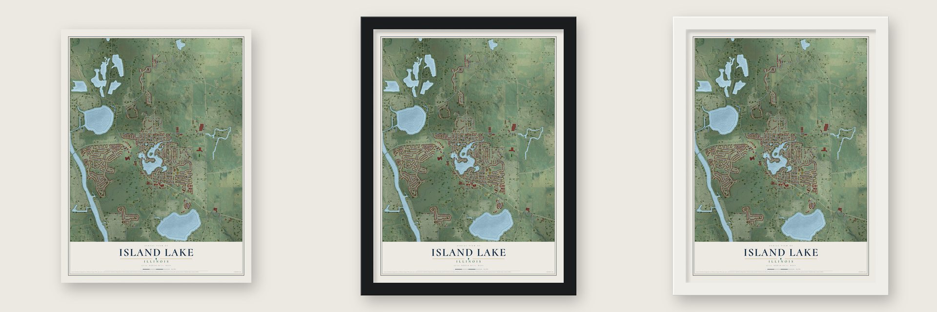 Island Lake, Illinois map unframed, in a black wood frame and in a white wood frame