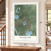 Island Lake, Illinois map, 24 x 36 inch print in a white frame by a staircase