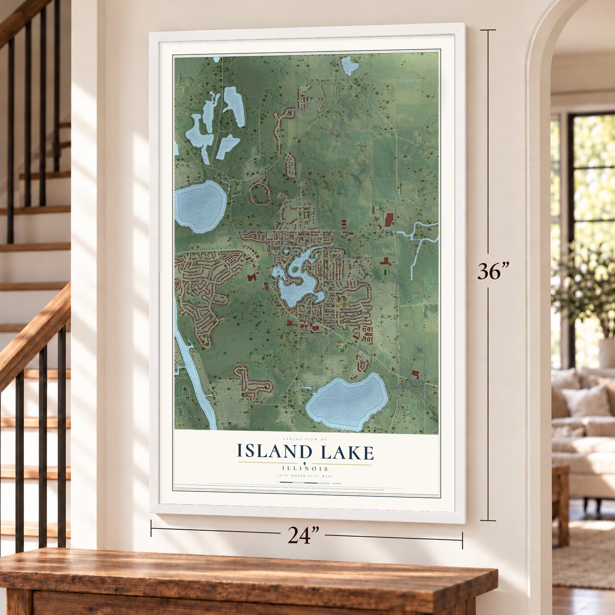 Island Lake, Illinois map, 24 x 36 inch print in a white frame by a staircase