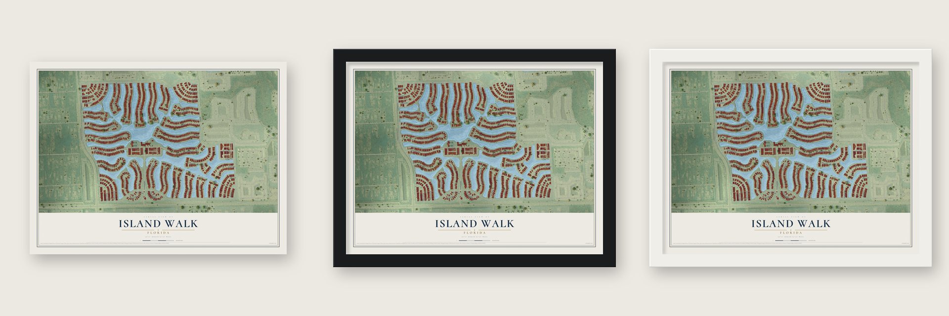 Island Walk, Florida map unframed, in a black wood frame and in a white wood frame