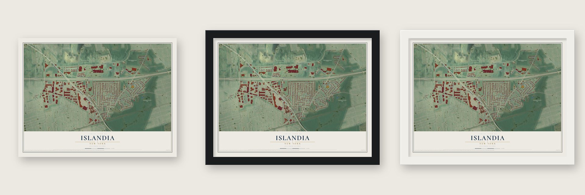 Islandia, New York map unframed, in a black wood frame and in a white wood frame