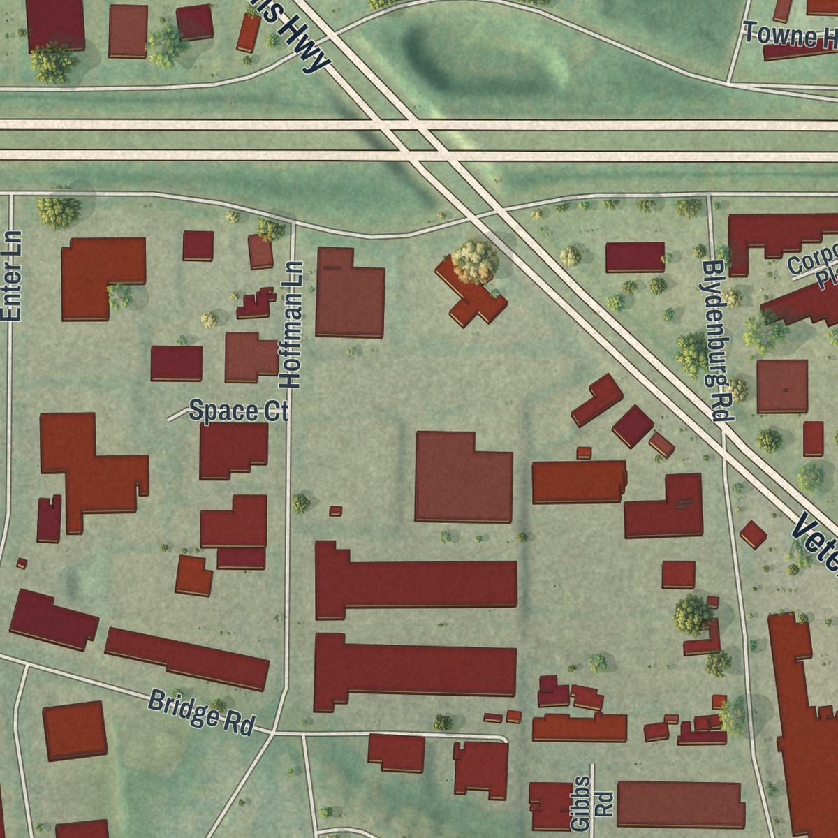 Second close-up of the map of Islandia, New York print showing more streets and buildings