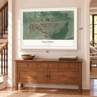 Islandia, New York map, 24 x 36 inch print in a white frame above a dresser by a staircase