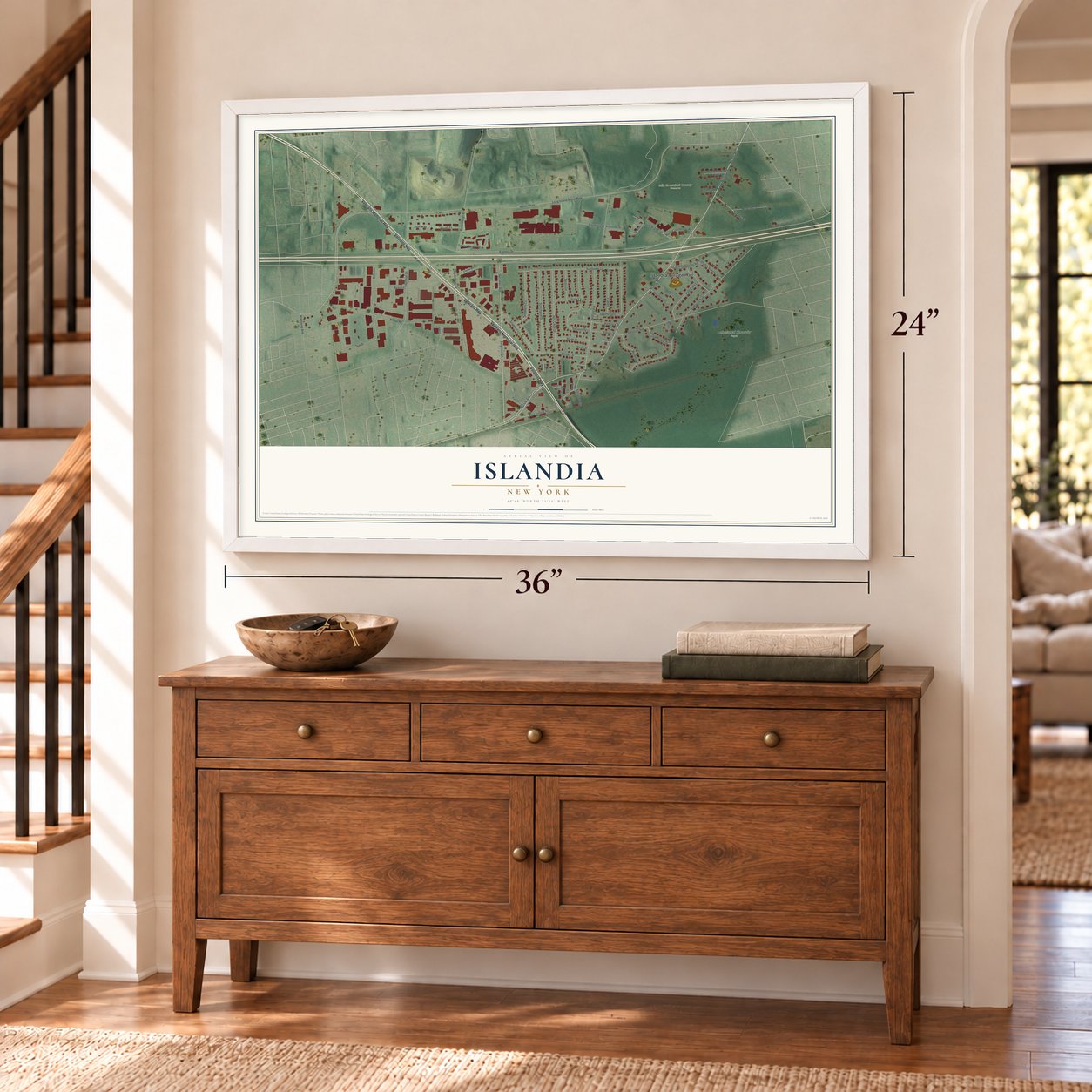 Islandia, New York map, 24 x 36 inch print in a white frame above a dresser by a staircase