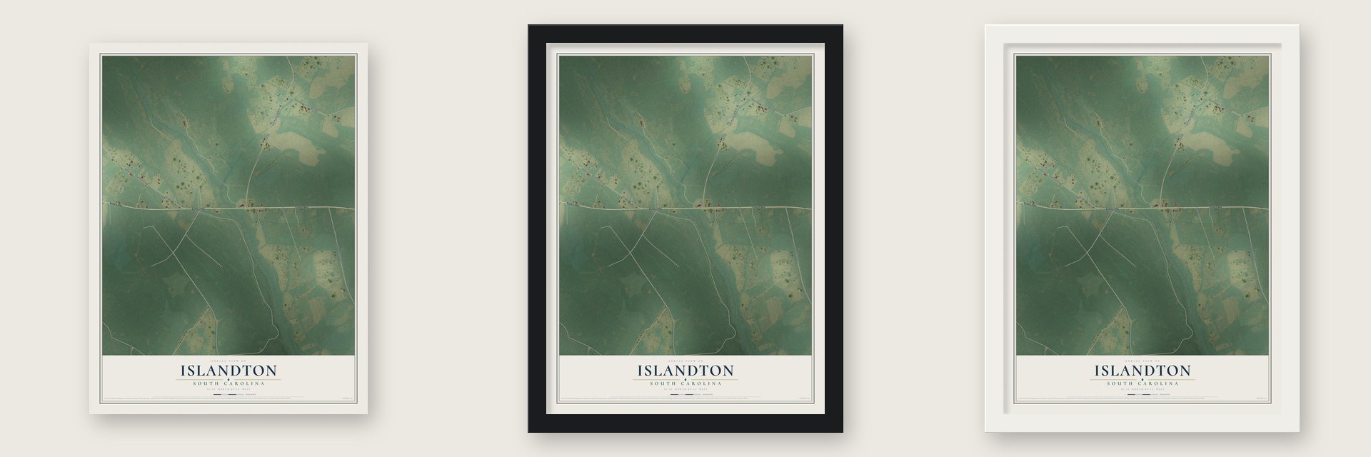Islandton, South Carolina map unframed, in a black wood frame and in a white wood frame