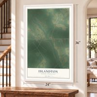 Islandton, South Carolina map, 24 x 36 inch print in a white frame by a staircase