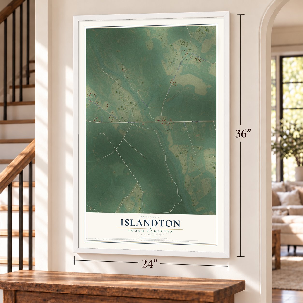 Islandton, South Carolina map, 24 x 36 inch print in a white frame by a staircase