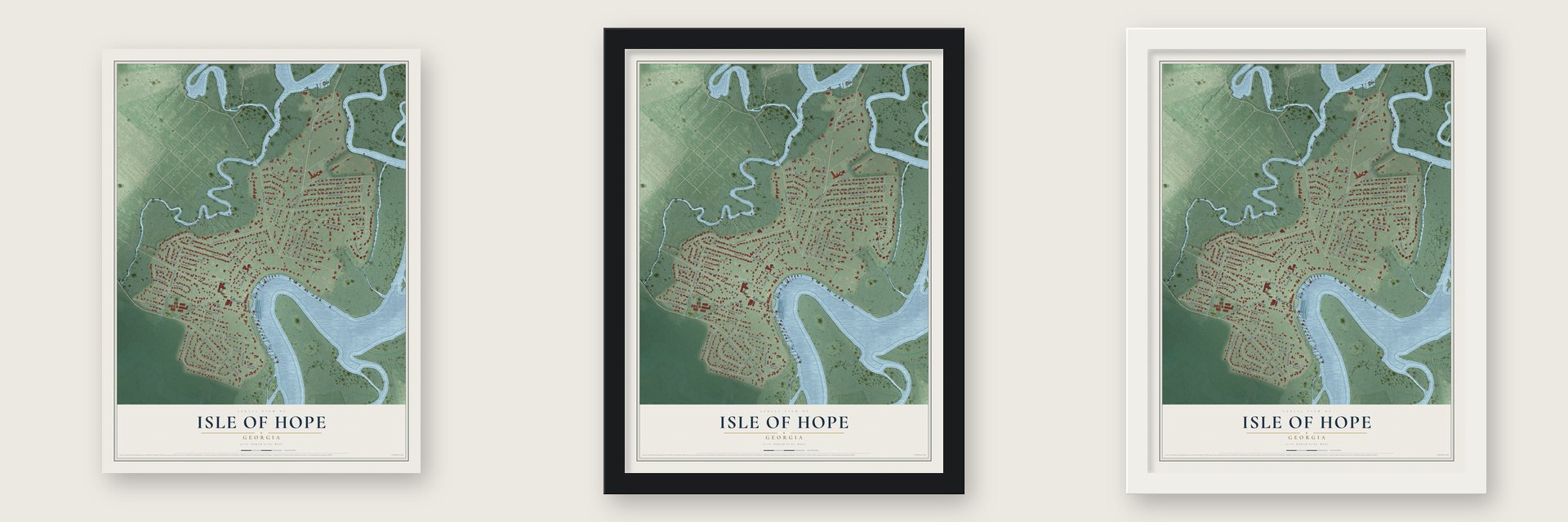 Isle of Hope, Georgia map unframed, in a black wood frame and in a white wood frame