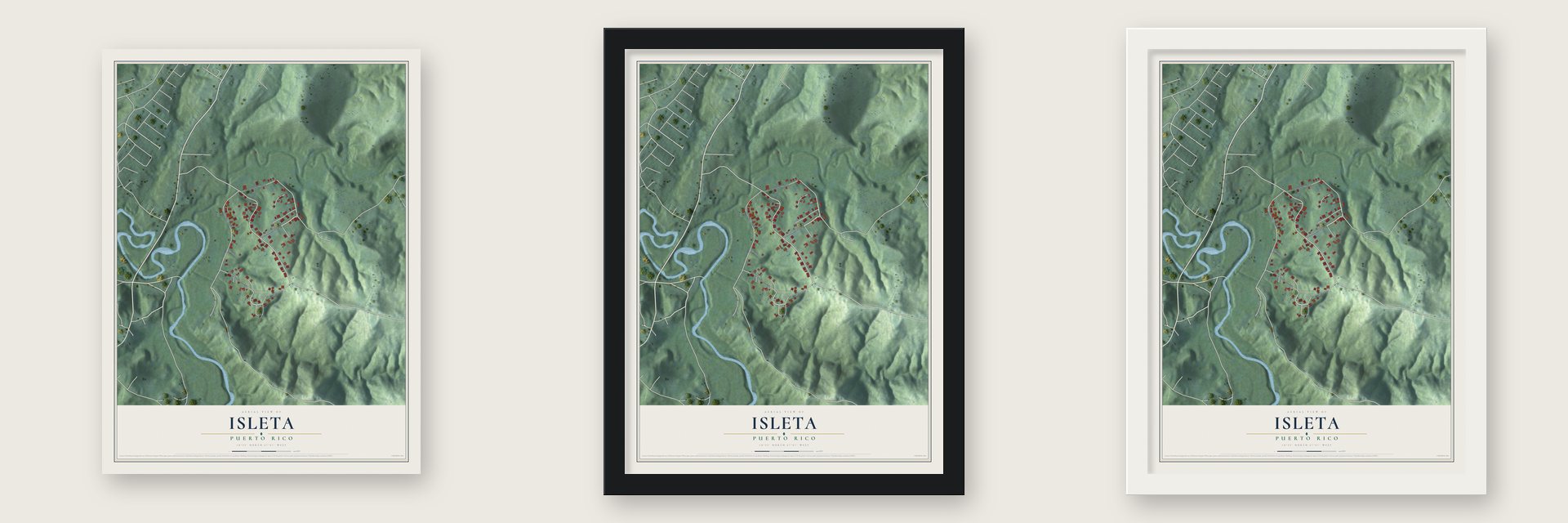 Isleta, Puerto Rico map unframed, in a black wood frame and in a white wood frame
