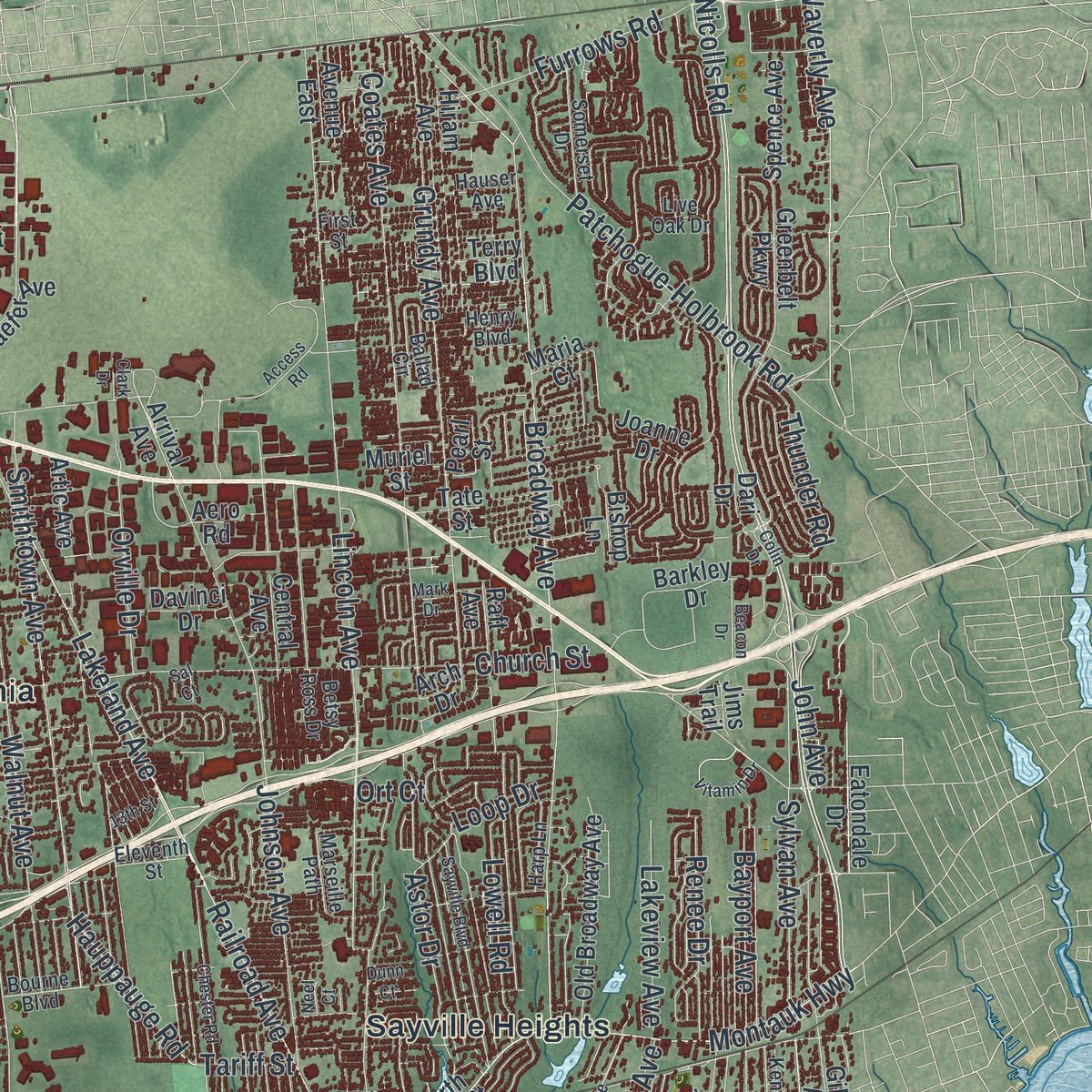 Second close-up of the map of Islip, New York print showing more streets and buildings