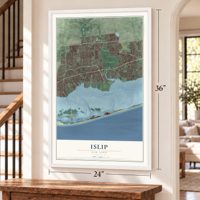 Islip, New York map, 24 x 36 inch print in a white frame by a staircase