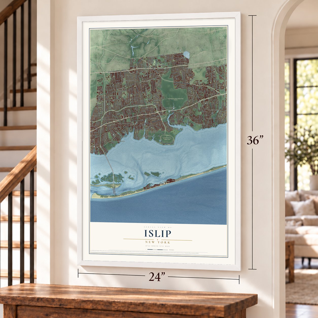 Islip, New York map, 24 x 36 inch print in a white frame by a staircase