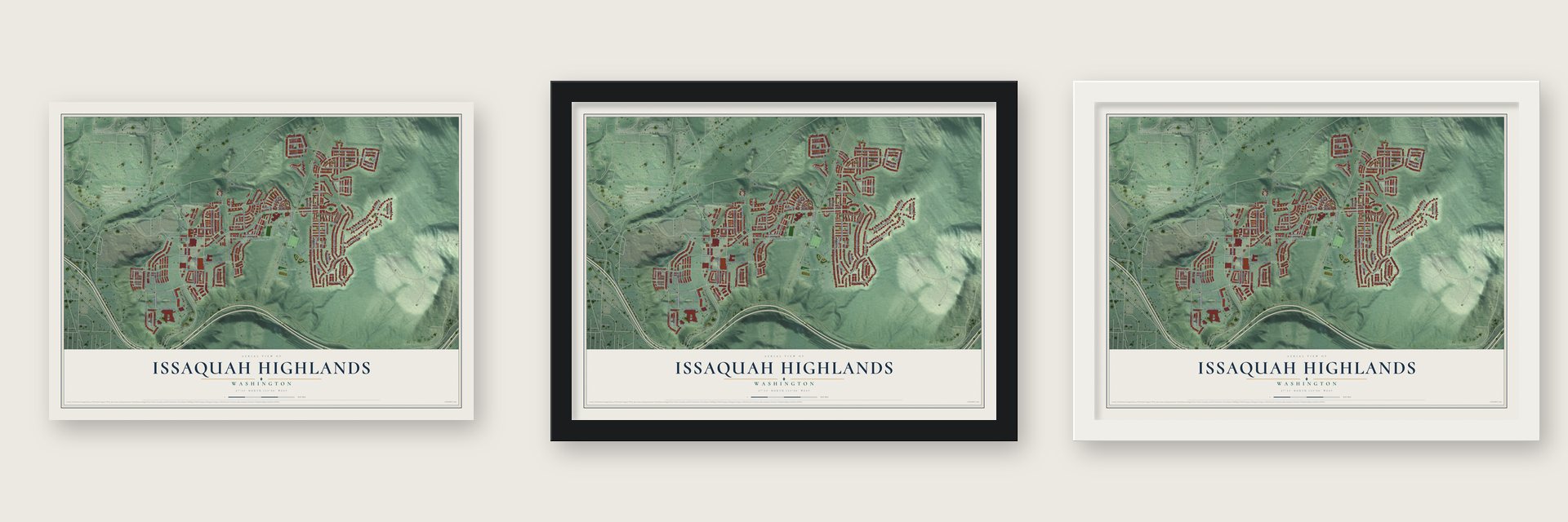 Issaquah Highlands, Washington map unframed, in a black wood frame and in a white wood frame