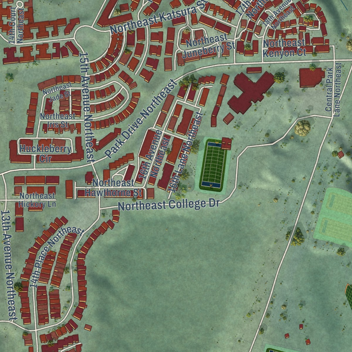 Second close-up of the map of Issaquah Highlands, Washington print showing more streets and buildings