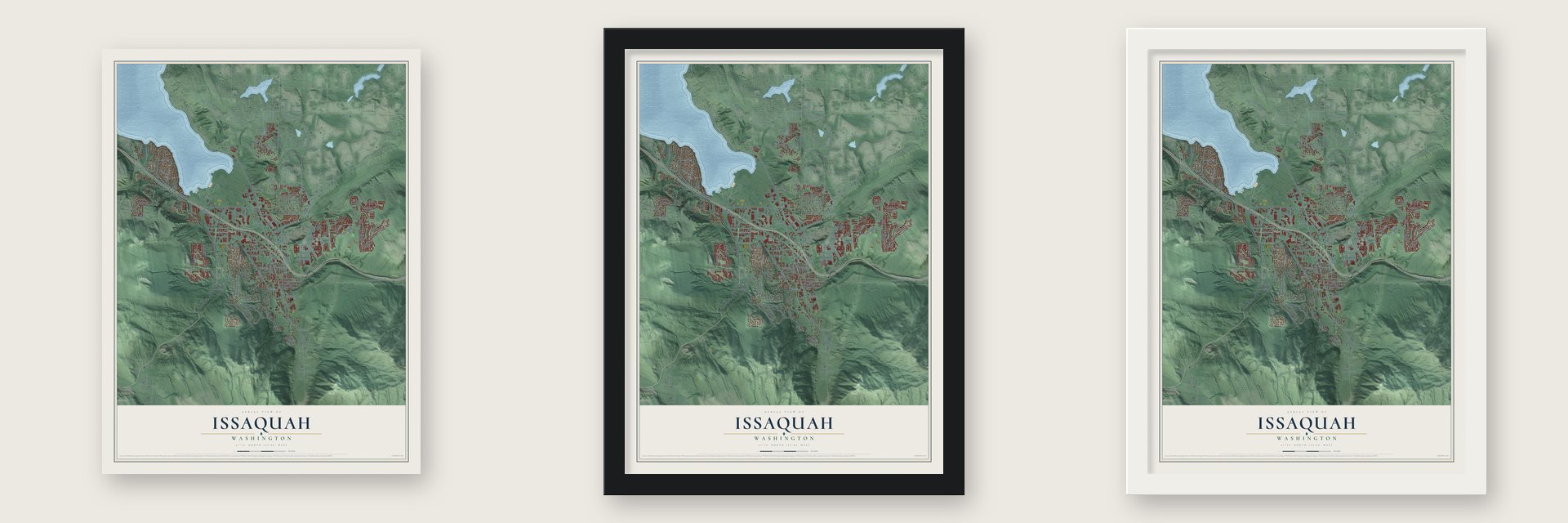 Issaquah, Washington map unframed, in a black wood frame and in a white wood frame