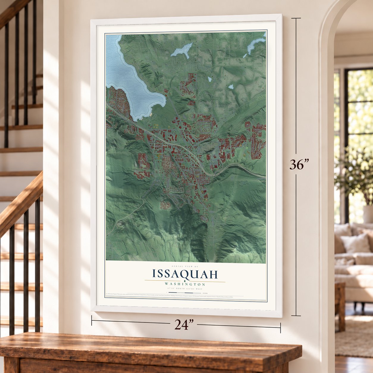 Issaquah, Washington map, 24 x 36 inch print in a white frame by a staircase