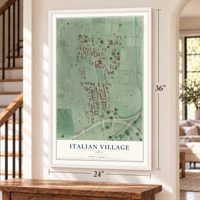 Italian Village, Ohio map, 24 x 36 inch print in a white frame by a staircase