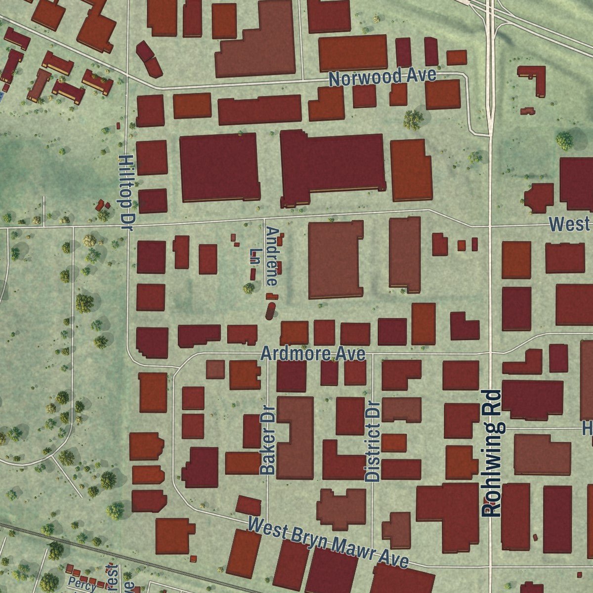 Second close-up of the map of Itasca, Illinois print showing more streets and buildings