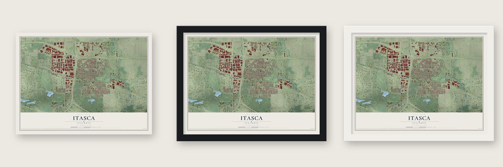 Itasca, Illinois map unframed, in a black wood frame and in a white wood frame