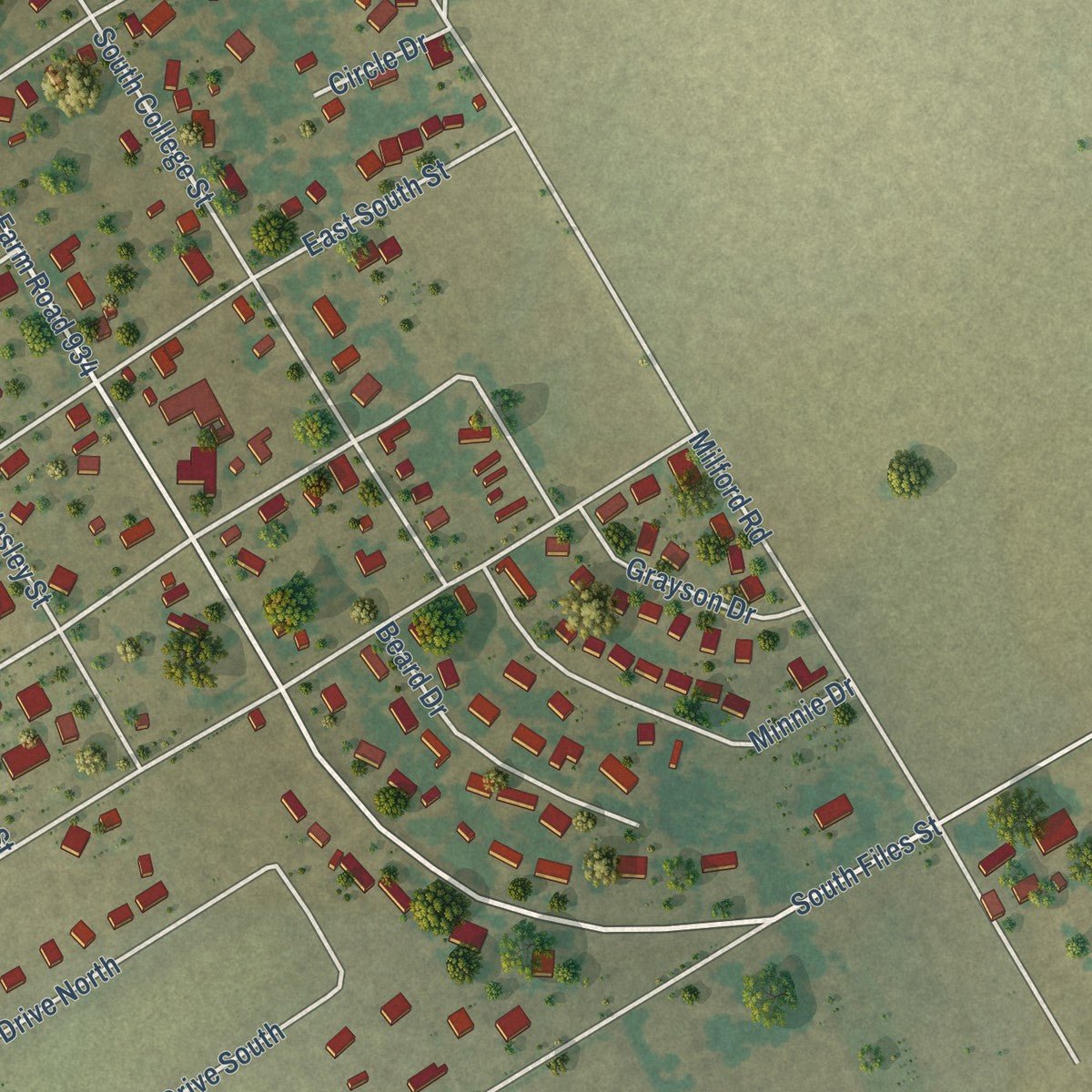 Second close-up of the map of Itasca, Texas print showing more streets and buildings