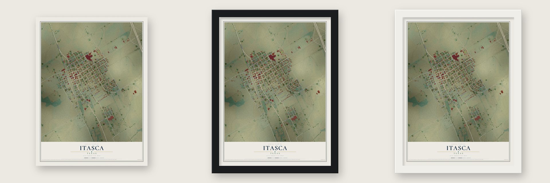 Itasca, Texas map unframed, in a black wood frame and in a white wood frame