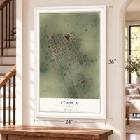 Itasca, Texas map, 24 x 36 inch print in a white frame by a staircase