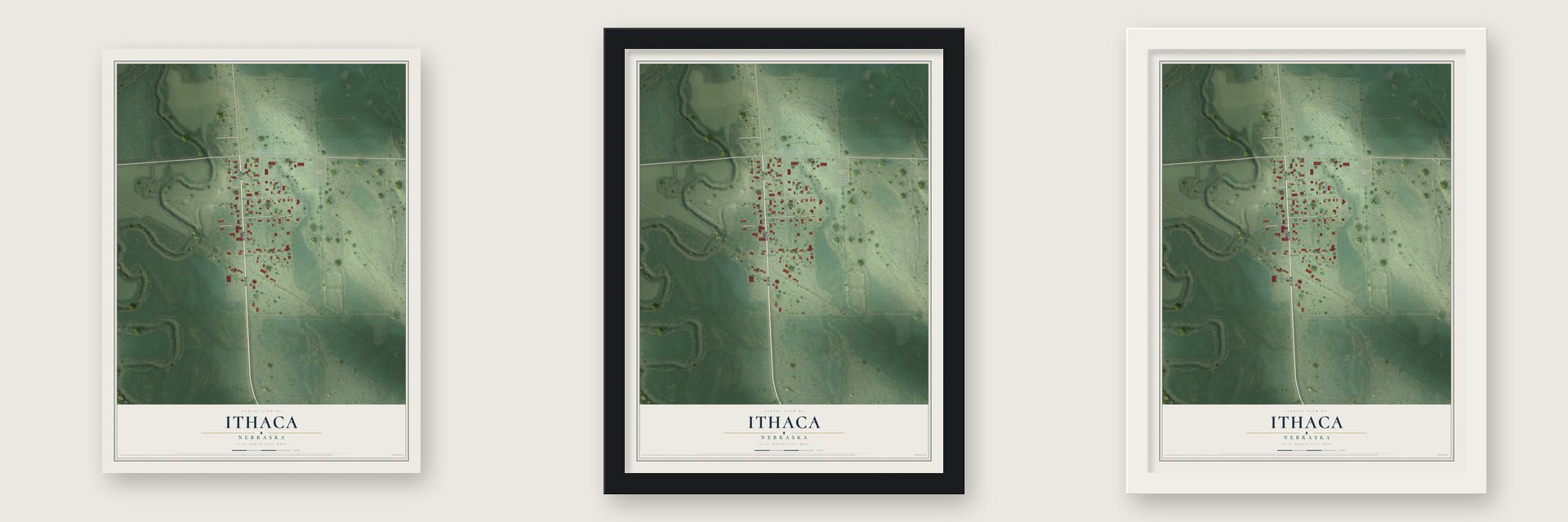 Ithaca, Nebraska map unframed, in a black wood frame and in a white wood frame