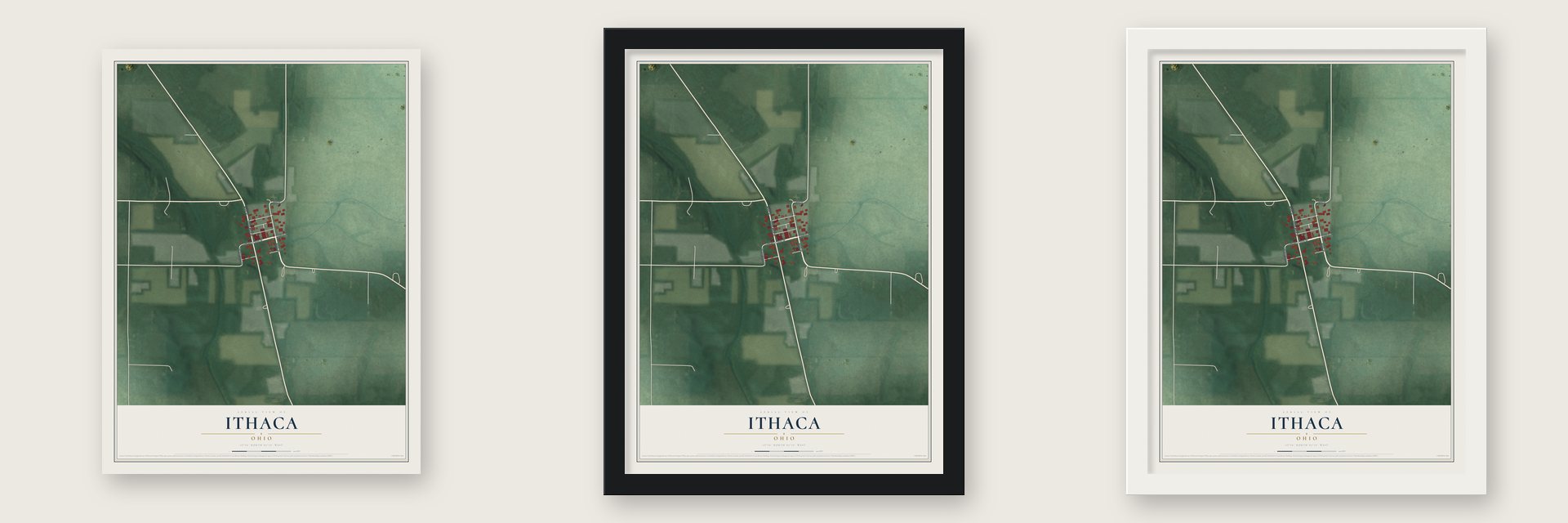 Ithaca, Ohio map unframed, in a black wood frame and in a white wood frame